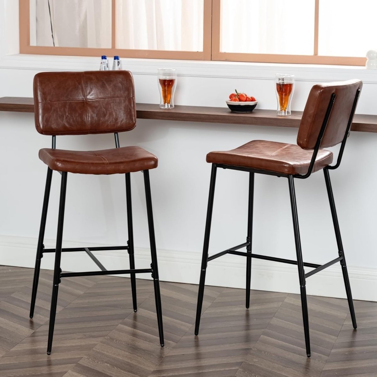 Industrial Bar Stools Set of 2 – Faux Leather Counter Chairs with Footrest - Kwikley