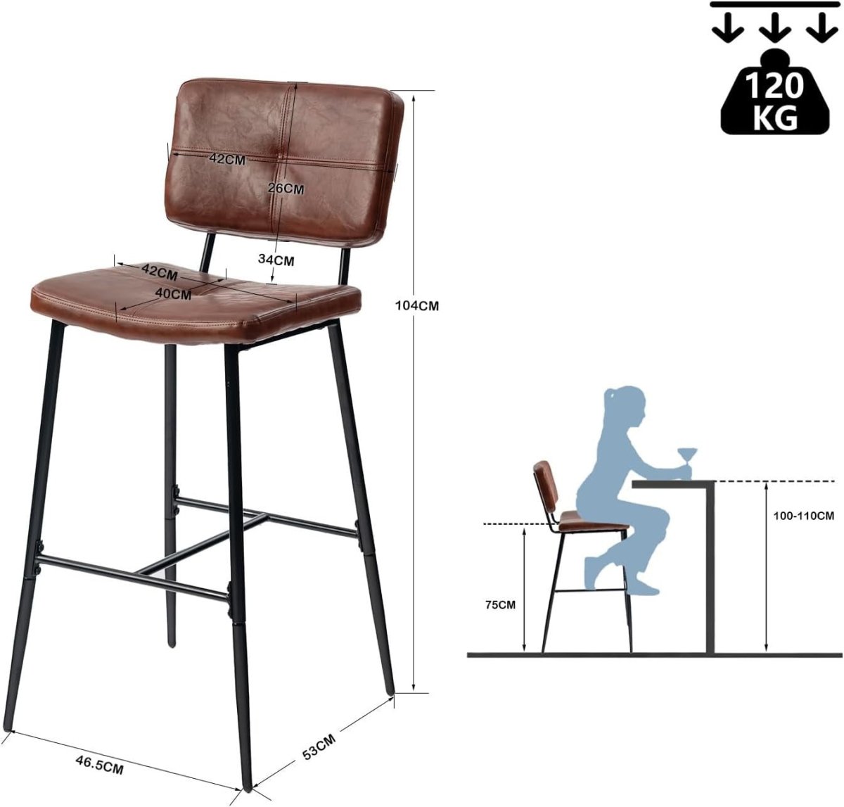 Industrial Bar Stools Set of 2 – Faux Leather Counter Chairs with Footrest - Kwikley