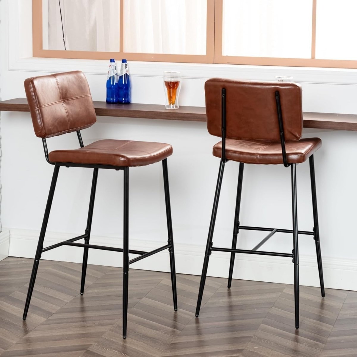 Industrial Bar Stools Set of 2 – Faux Leather Counter Chairs with Footrest - Kwikley
