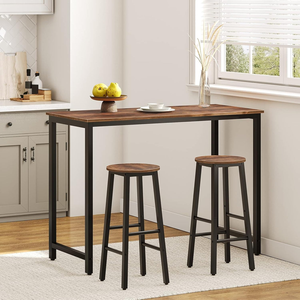 Industrial Bar Stools Set of 2 Rustic Brown Black Kitchen Breakfast Chairs - Kwikley