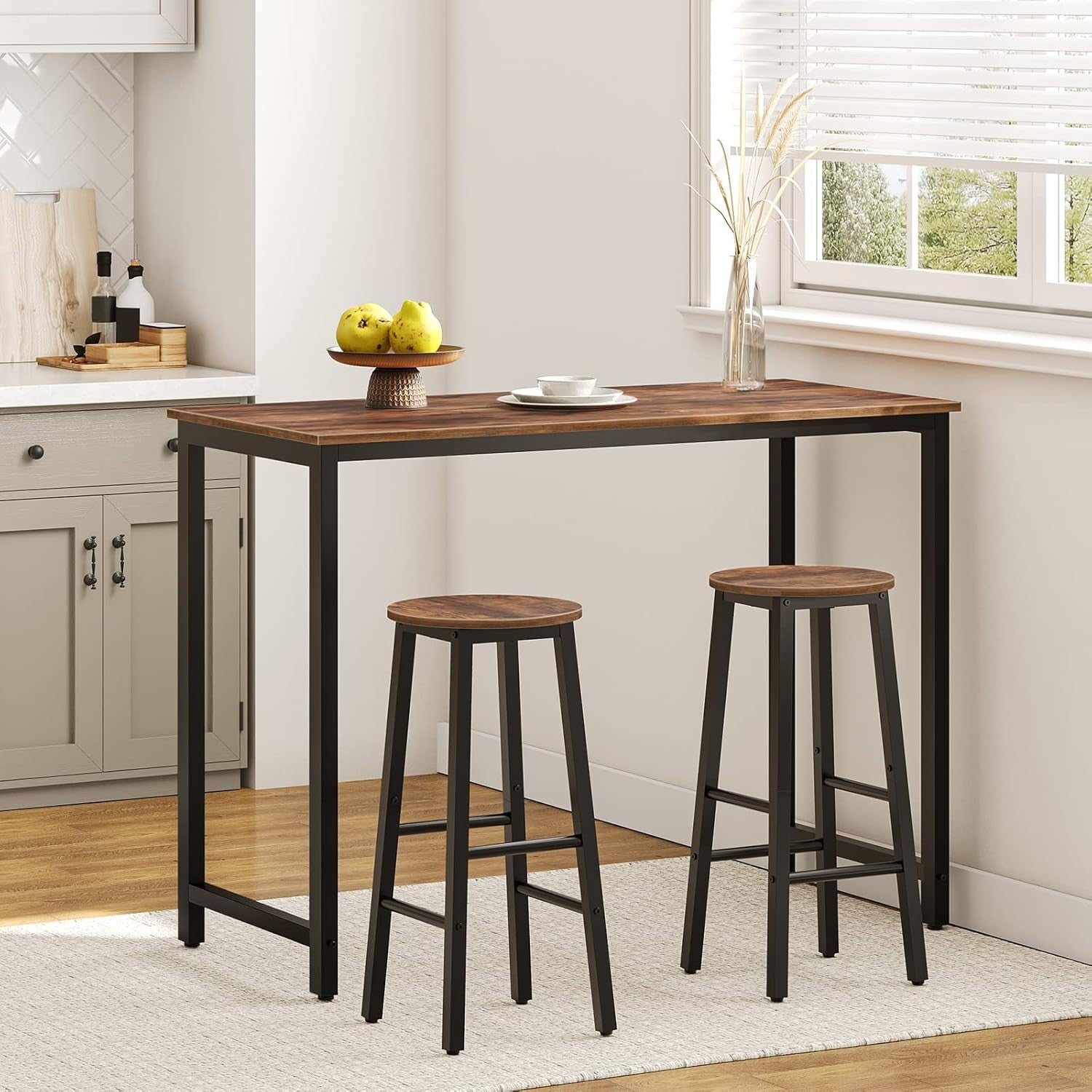 Industrial Bar Stools Set of 2 Rustic Brown Black Kitchen Breakfast Chairs - Kwikley