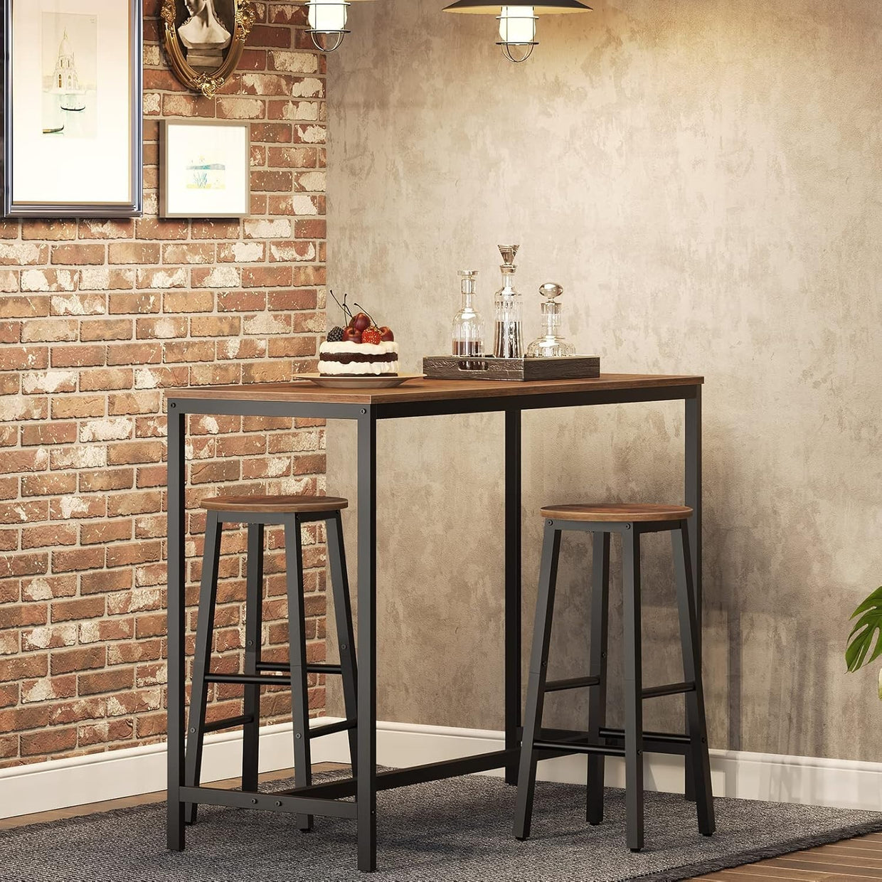 Industrial Bar Stools Set of 2 Rustic Brown Black Kitchen Breakfast Chairs - Kwikley