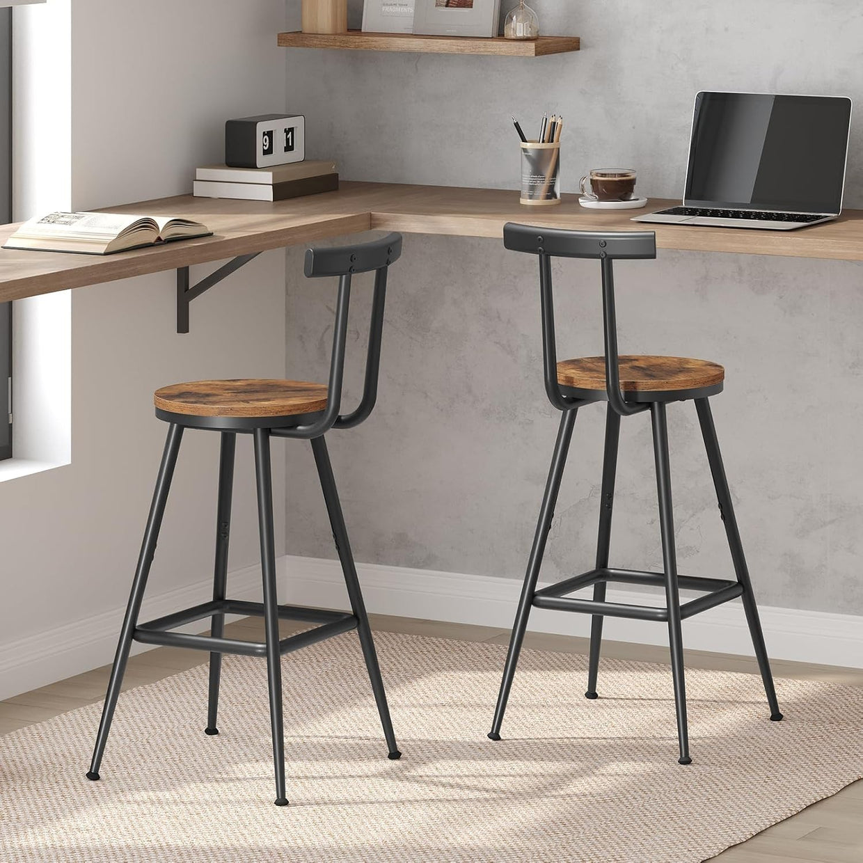 Industrial Bar Stools Set of 2 with Backrest & Footrest 32x32x66cm - Kwikley