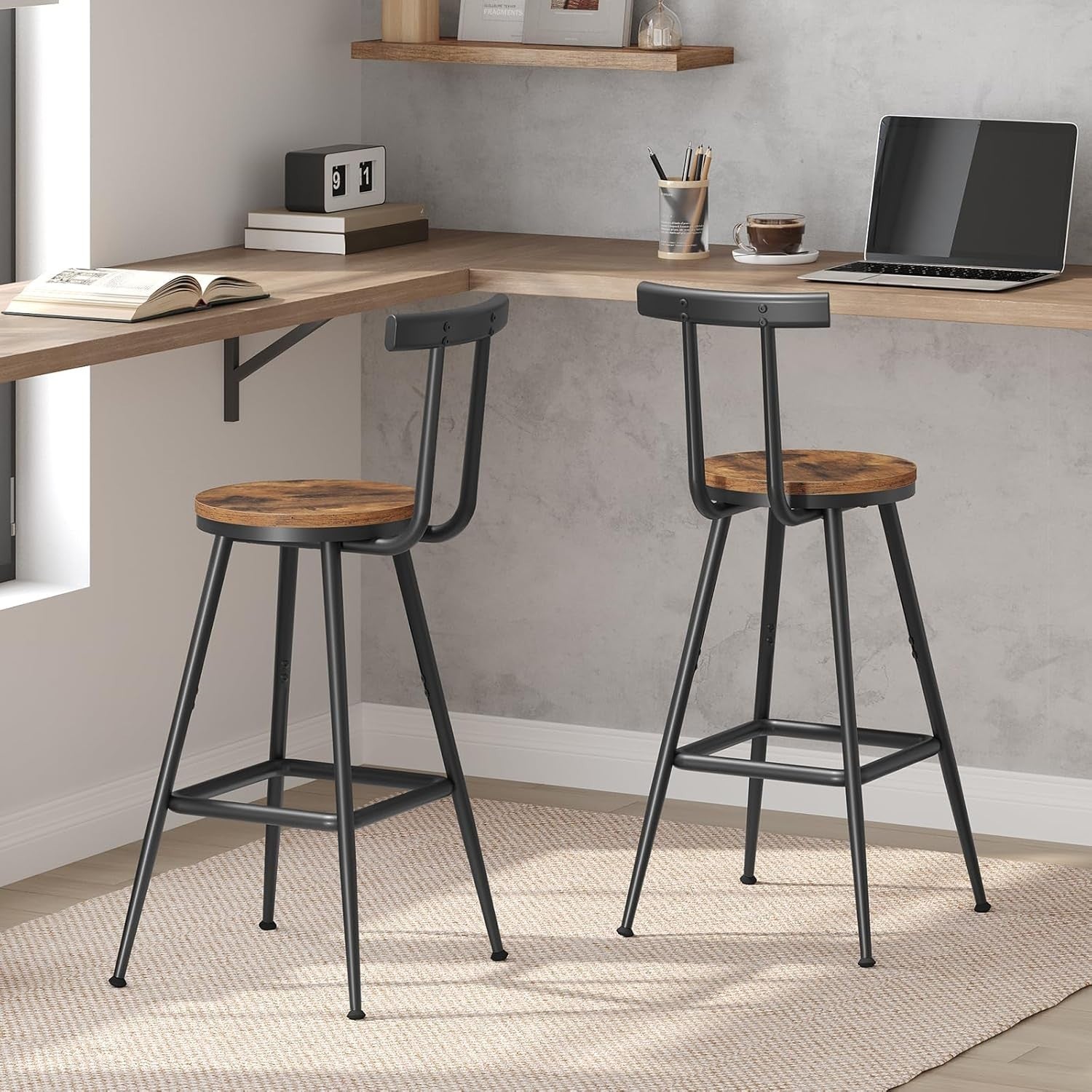 Industrial Bar Stools Set of 2 with Backrest & Footrest 32x32x66cm - Kwikley