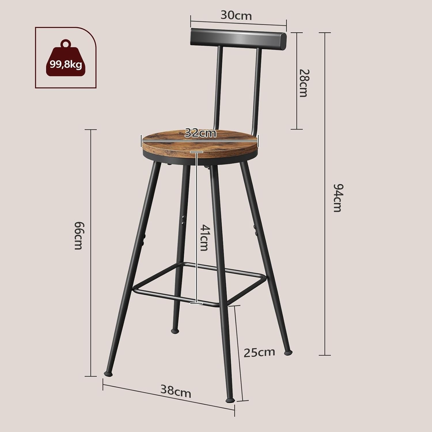 Industrial Bar Stools Set of 2 with Backrest & Footrest 32x32x66cm - Kwikley