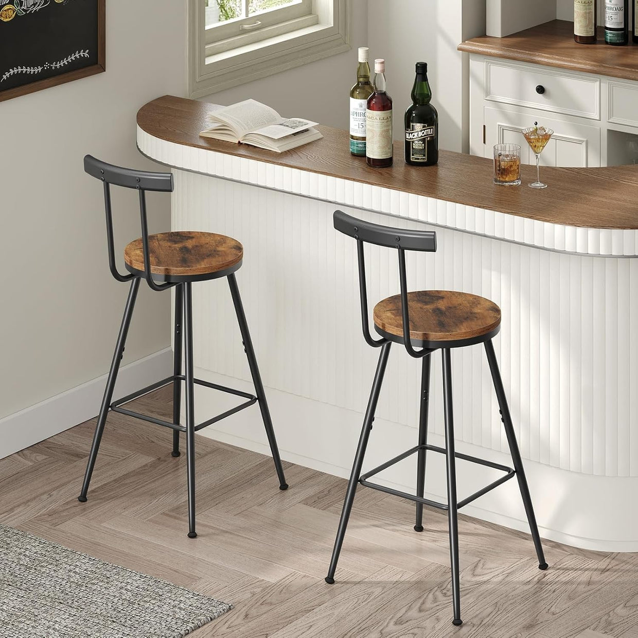 Industrial Bar Stools Set of 2 with Backrest & Footrest 32x32x66cm - Kwikley