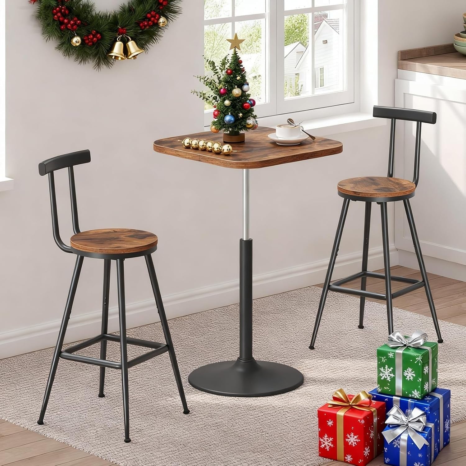 Industrial Bar Stools Set of 2 with Backrest & Footrest 32x32x66cm - Kwikley