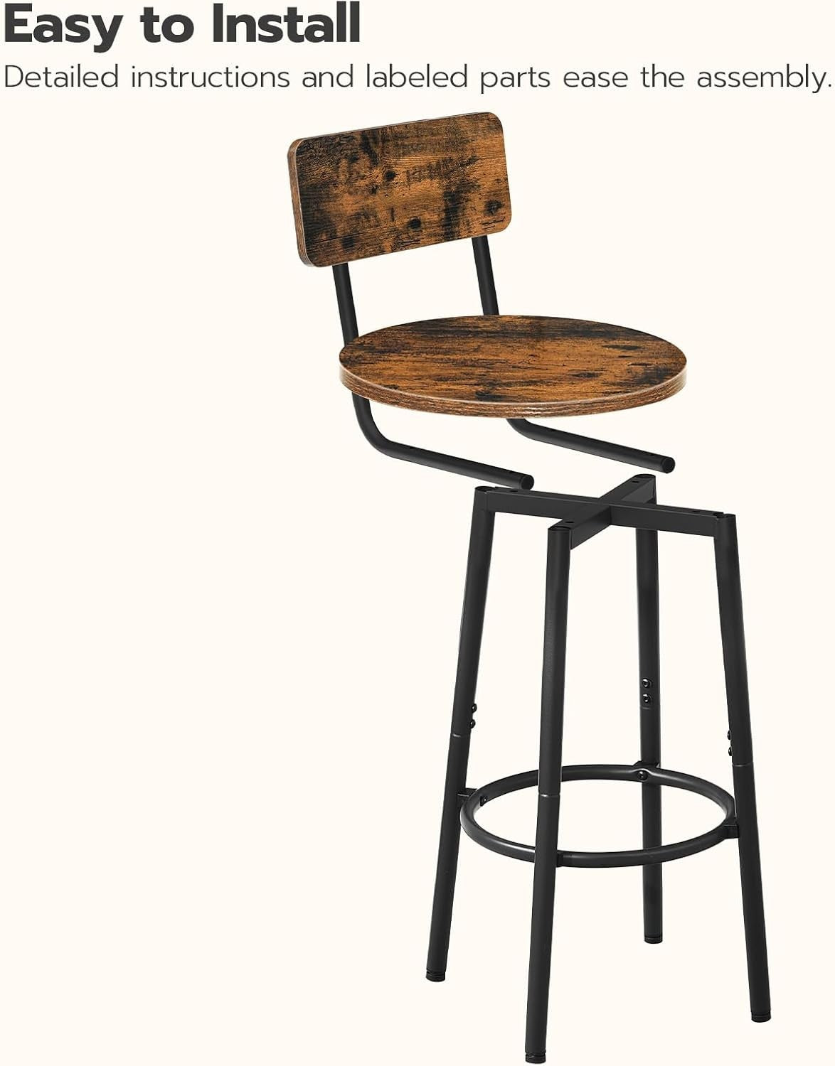 Industrial Bar Stools Set of 2 with Backrest & Footrest 32x32x93cm - Kwikley