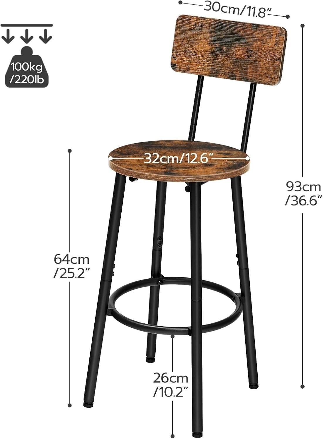 Industrial Bar Stools Set of 2 with Backrest & Footrest 32x32x93cm - Kwikley