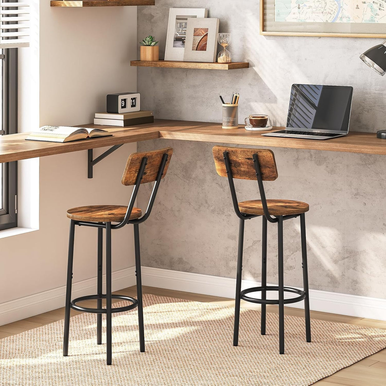 Industrial Bar Stools Set of 2 with Backrest & Footrest 32x32x93cm - Kwikley
