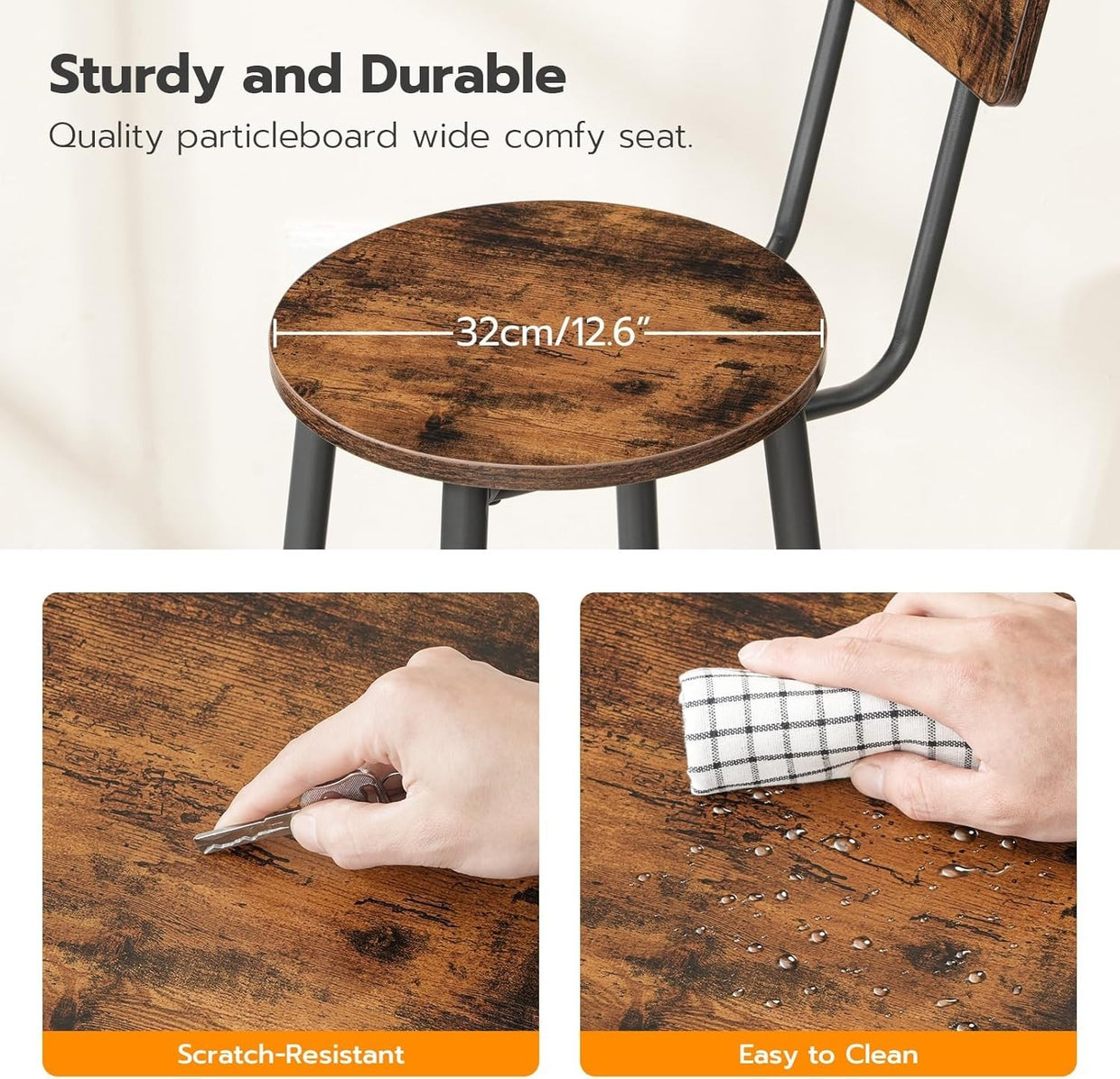 Industrial Bar Stools Set of 2 with Backrest & Footrest 32x32x93cm - Kwikley