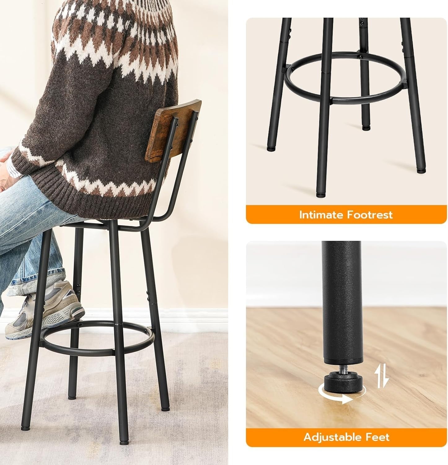 Industrial Bar Stools Set of 2 with Backrest & Footrest 32x32x93cm - Kwikley