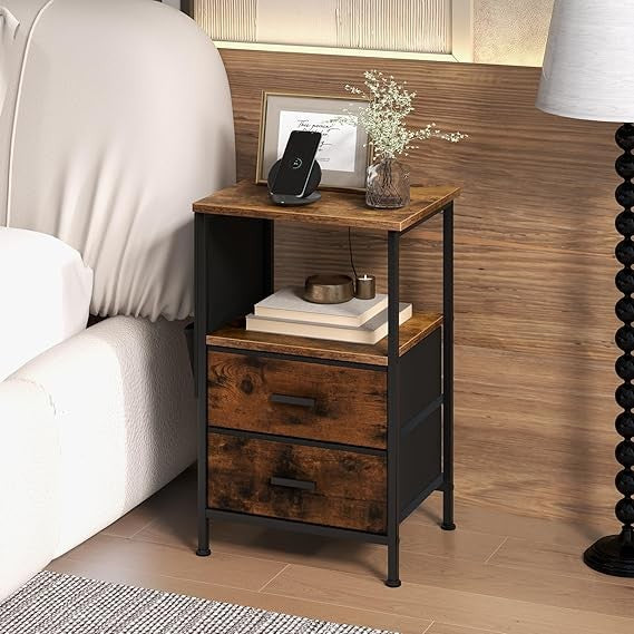 Industrial Bedside Table with Charging Station – 2 Drawers Shelf & Side Pockets - Kwikley