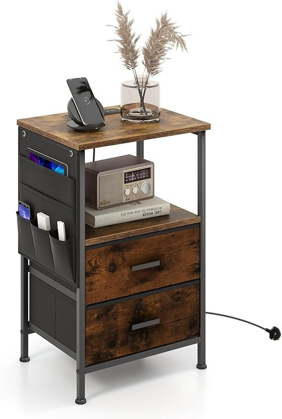 Industrial Bedside Table with Charging Station – 2 Drawers Shelf & Side Pockets - Kwikley