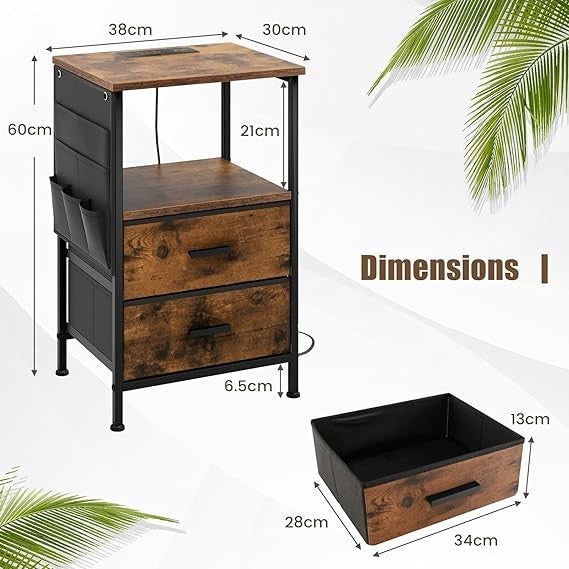 Industrial Bedside Table with Charging Station – 2 Drawers Shelf & Side Pockets - Kwikley