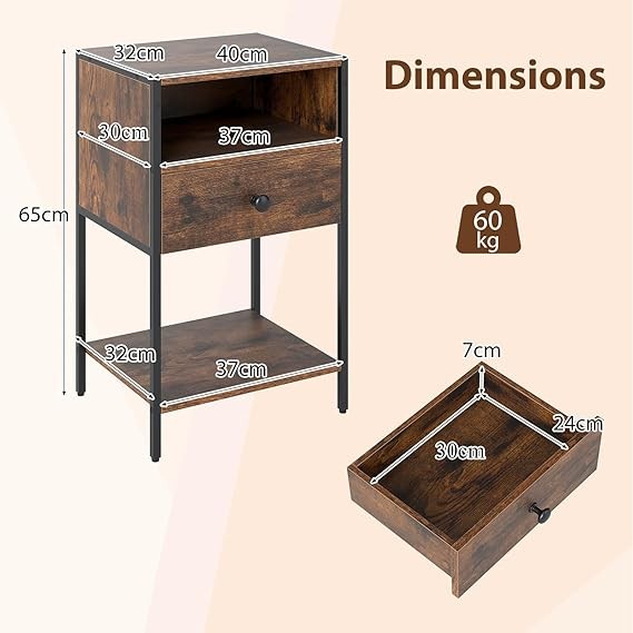 Industrial Bedside Table with Drawer Shelf, Rustic Wood Metal Nightstand - Kwikley
