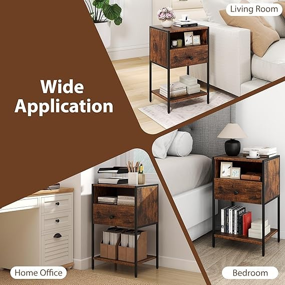 Industrial Bedside Table with Drawer Shelf, Rustic Wood Metal Nightstand - Kwikley