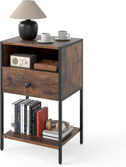 Industrial Bedside Table with Drawer Shelf, Rustic Wood Metal Nightstand - Kwikley