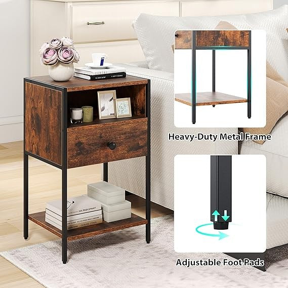 Industrial Bedside Table with Drawer Shelf, Rustic Wood Metal Nightstand - Kwikley