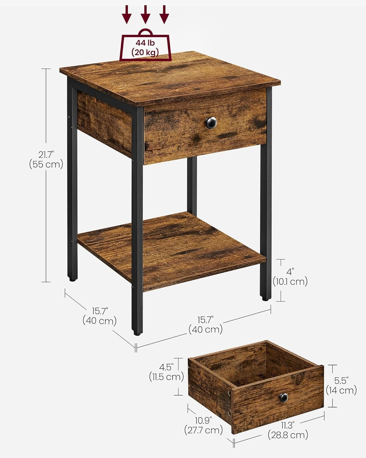 Industrial Bedside Table with Drawer & Shelf, Rustic Wood Nightstand - Kwikley
