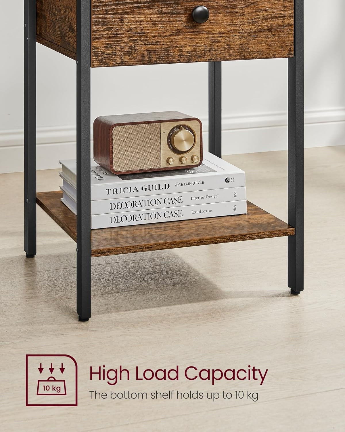 Industrial Bedside Table with Drawer & Shelf, Rustic Wood Nightstand - Kwikley
