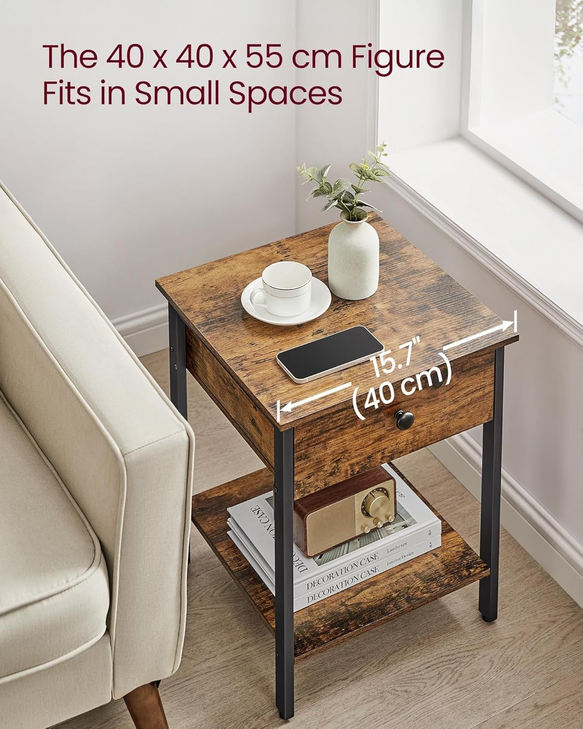 Industrial Bedside Table with Drawer & Shelf, Rustic Wood Nightstand - Kwikley