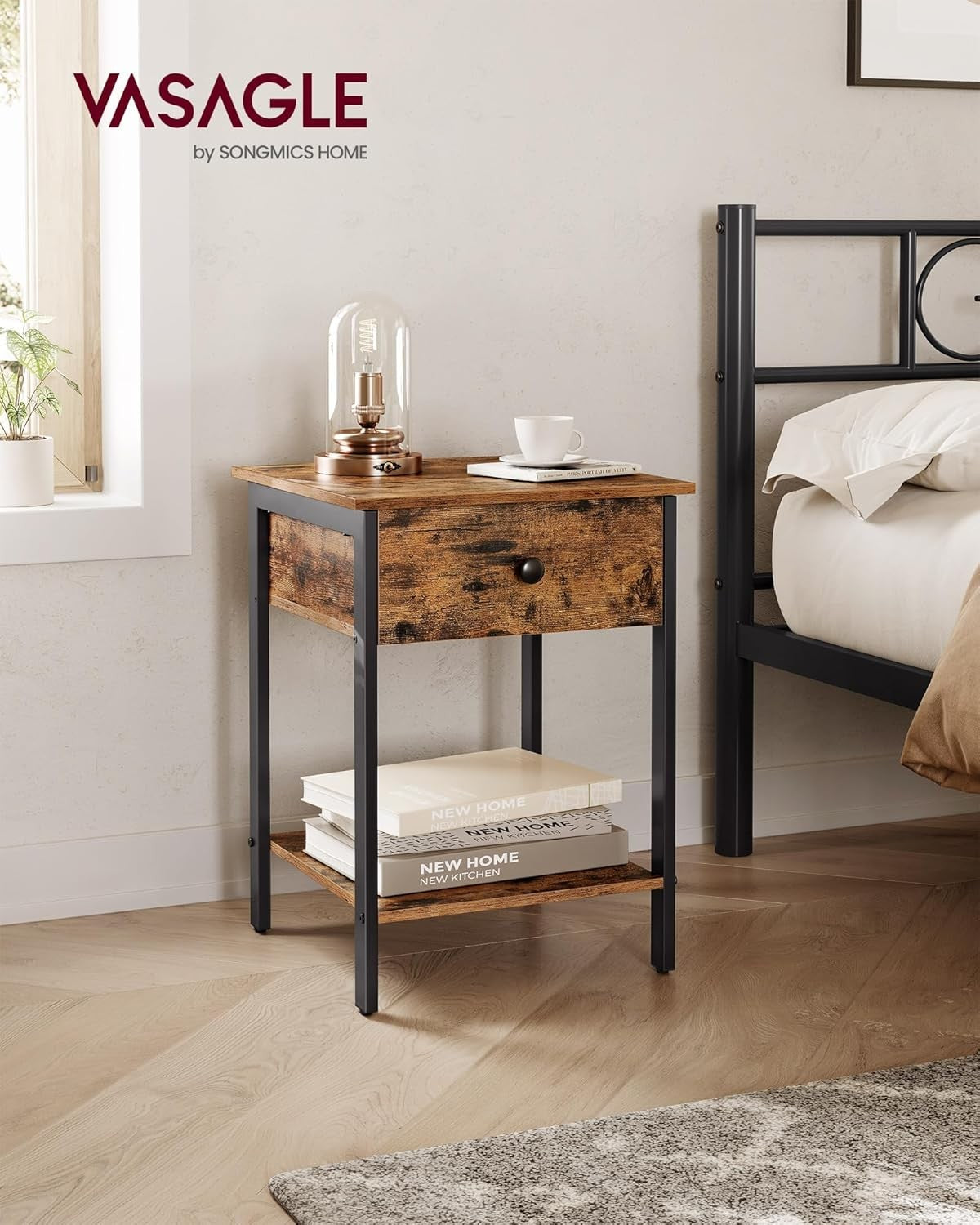 Industrial Bedside Table with Drawer & Shelf, Rustic Wood Nightstand - Kwikley