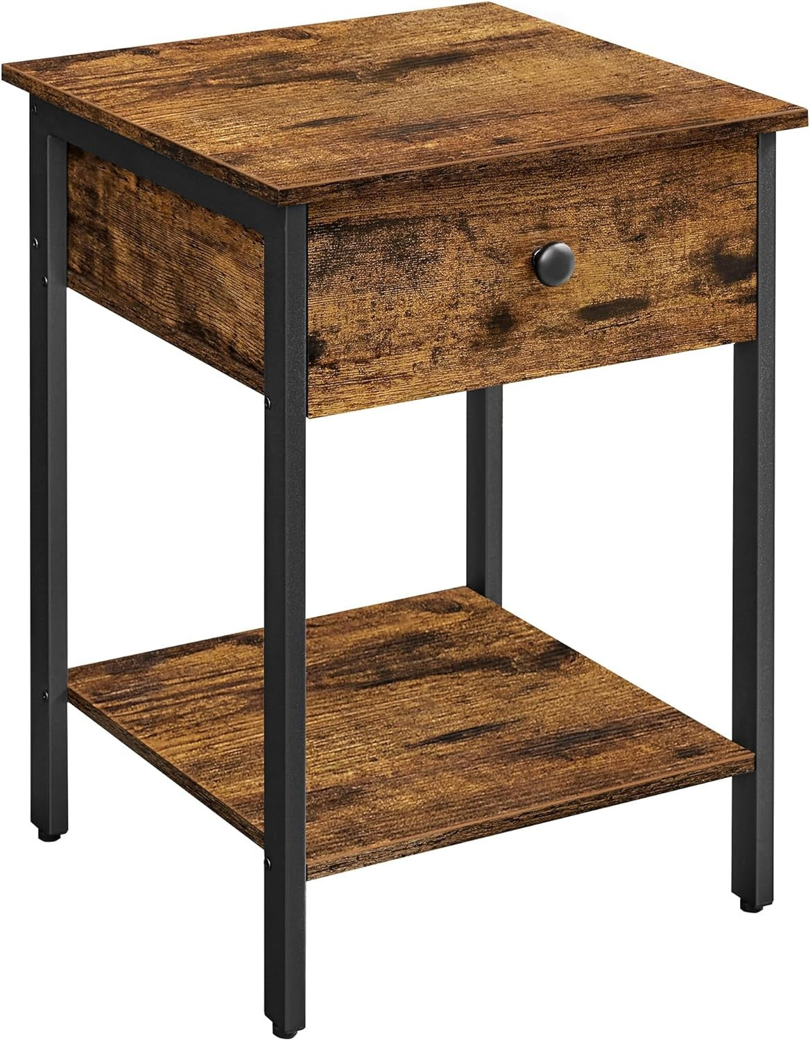 Industrial Bedside Table with Drawer & Shelf, Rustic Wood Nightstand - Kwikley