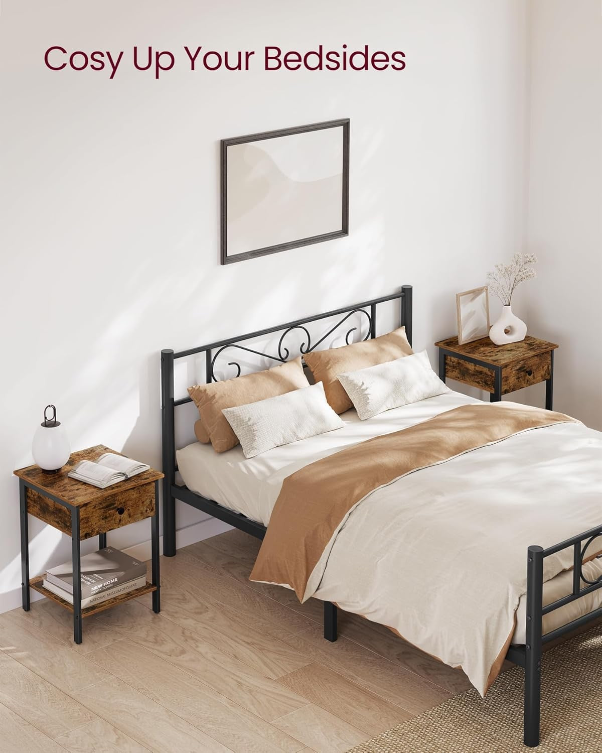 Industrial Bedside Table with Drawer & Shelf, Rustic Wood Nightstand - Kwikley