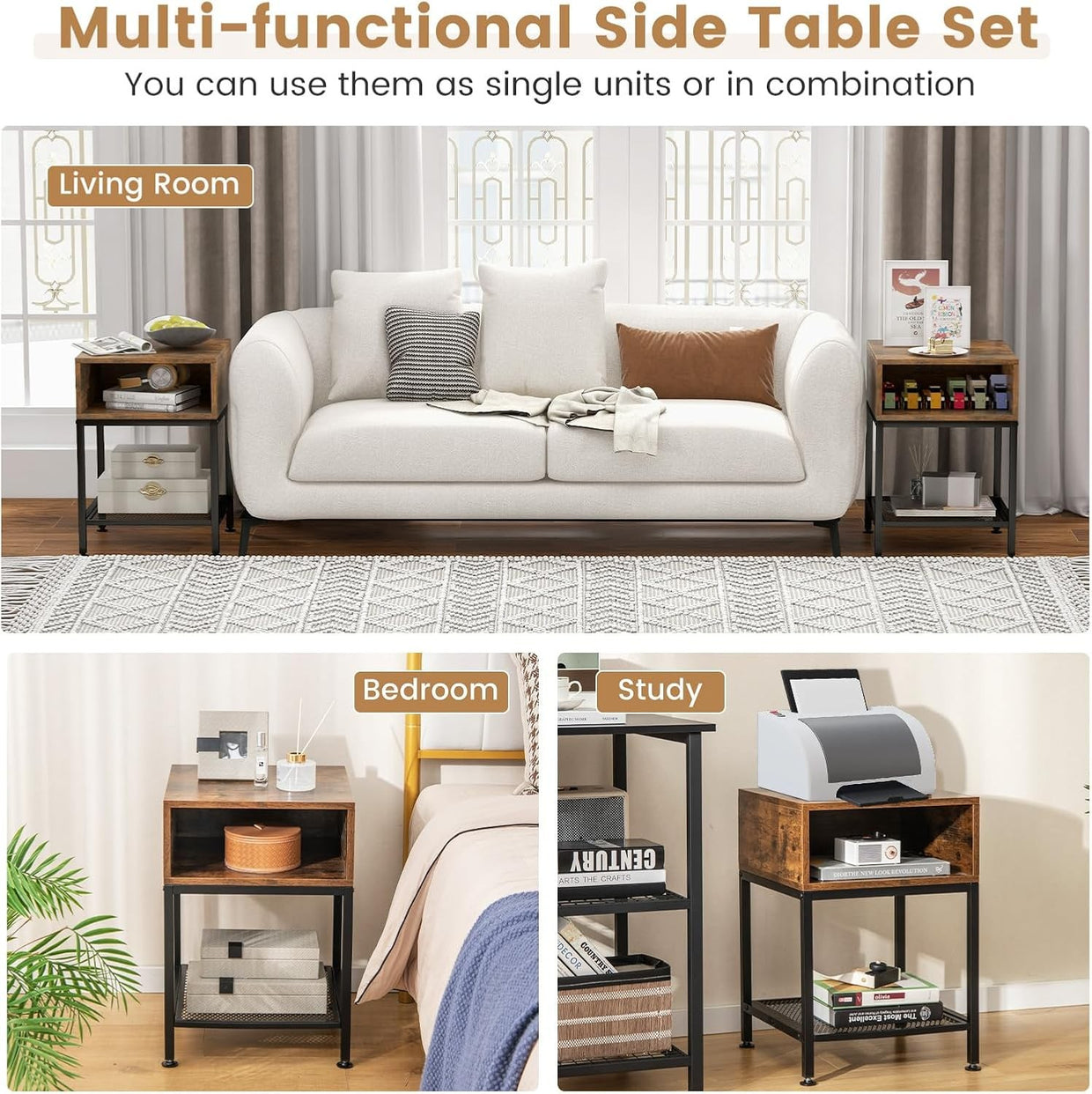 Industrial Bedside Table with Storage Shelf & Mesh Rack – Rustic Compact Side Ta - Kwikley