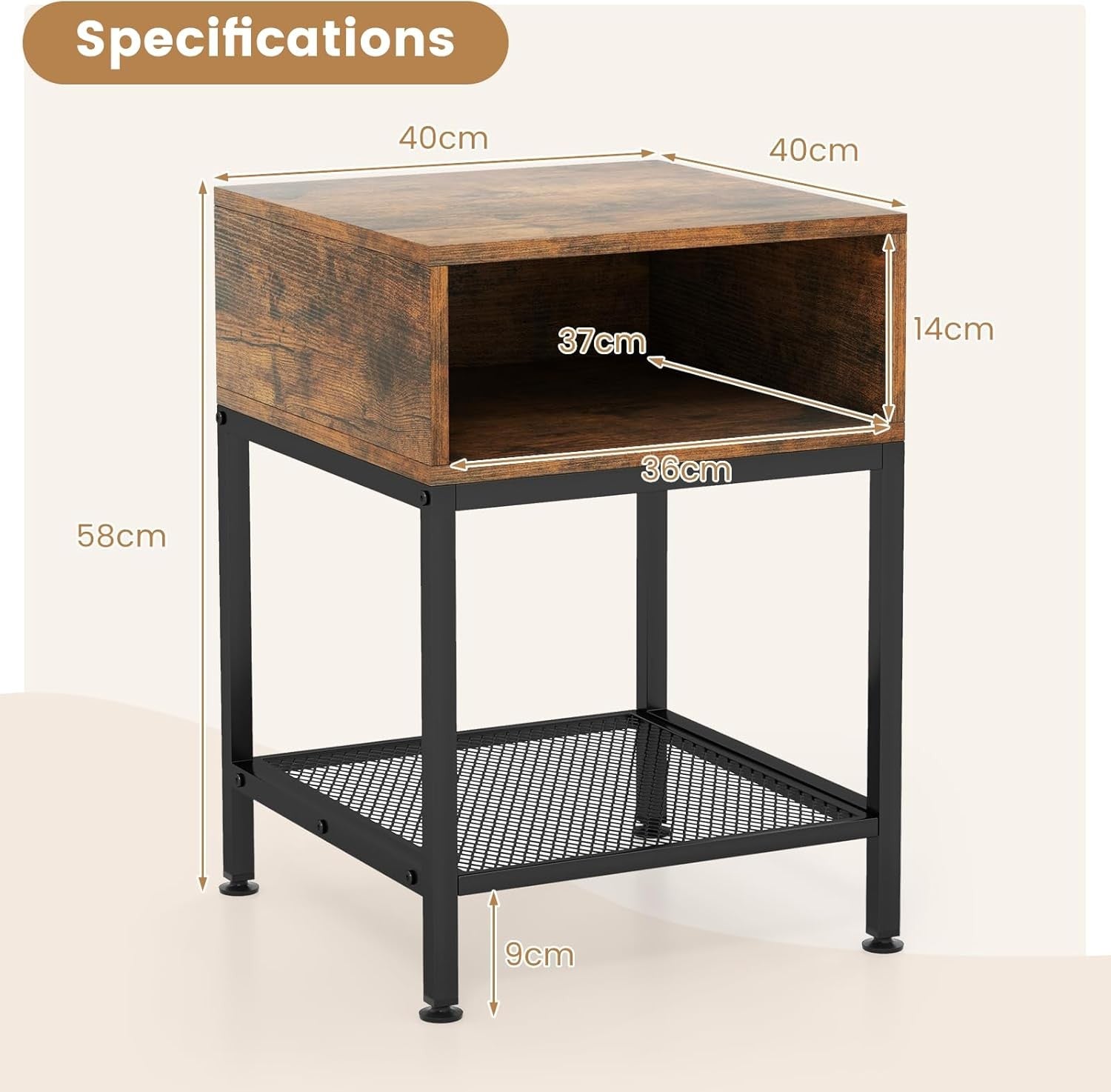Industrial Bedside Table with Storage Shelf & Mesh Rack – Rustic Compact Side Ta - Kwikley
