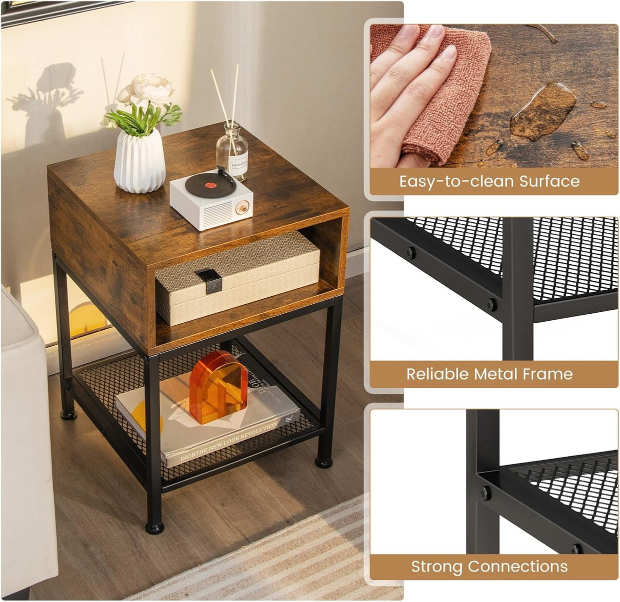 Industrial Bedside Table with Storage Shelf & Mesh Rack – Rustic Compact Side Ta - Kwikley