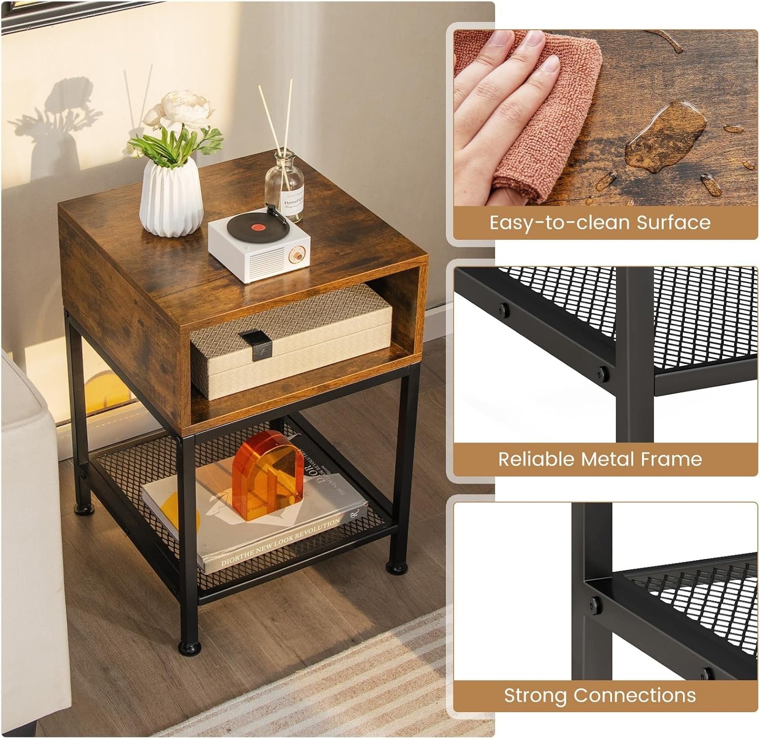 Industrial Bedside Table with Storage Shelf & Mesh Rack – Rustic Compact Side Ta - Kwikley