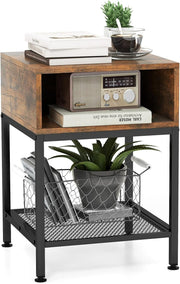 Industrial Bedside Table with Storage Shelf & Mesh Rack – Rustic Compact Side Ta - Kwikley