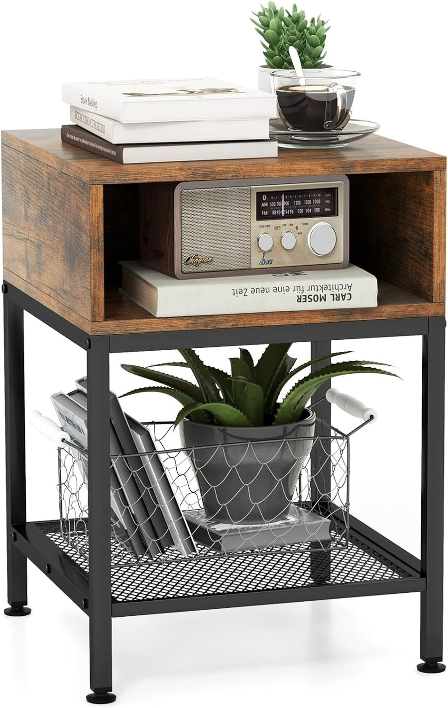 Industrial Bedside Table with Storage Shelf & Mesh Rack – Rustic Compact Side Ta - Kwikley