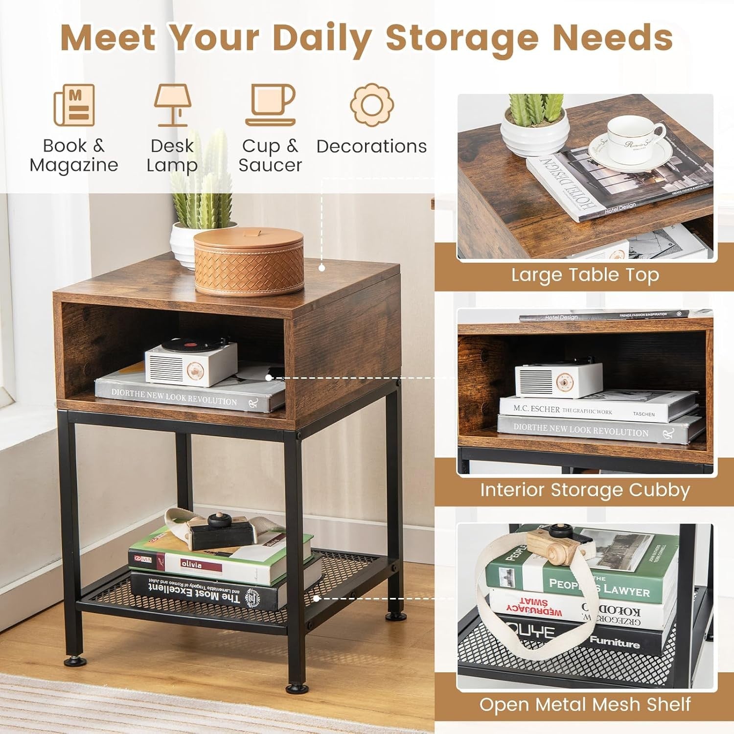 Industrial Bedside Table with Storage Shelf & Mesh Rack – Rustic Compact Side Ta - Kwikley