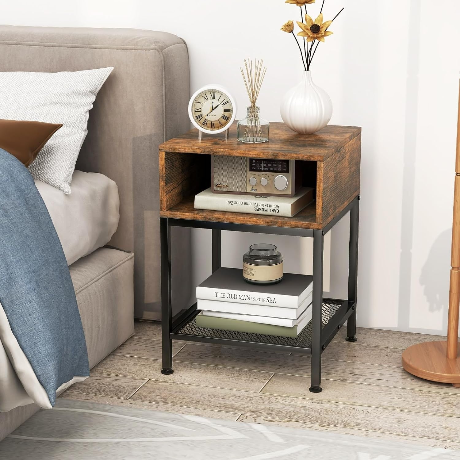 Industrial Bedside Table with Storage Shelf & Mesh Rack – Rustic Compact Side Ta - Kwikley