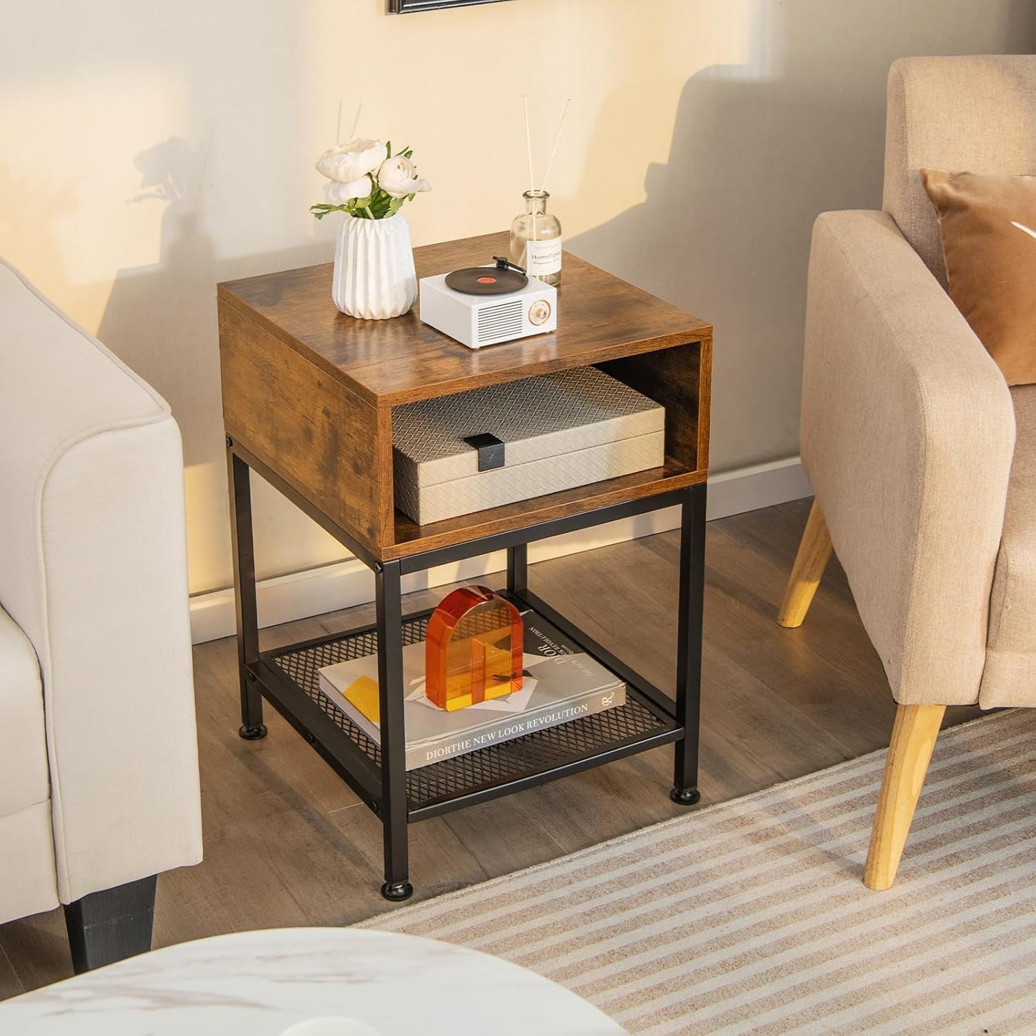Industrial Bedside Table with Storage Shelf & Mesh Rack – Rustic Compact Side Ta - Kwikley