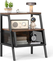 Industrial Bedside Table with Storage Shelves Mesh Cabinet Rustic Wood - Kwikley
