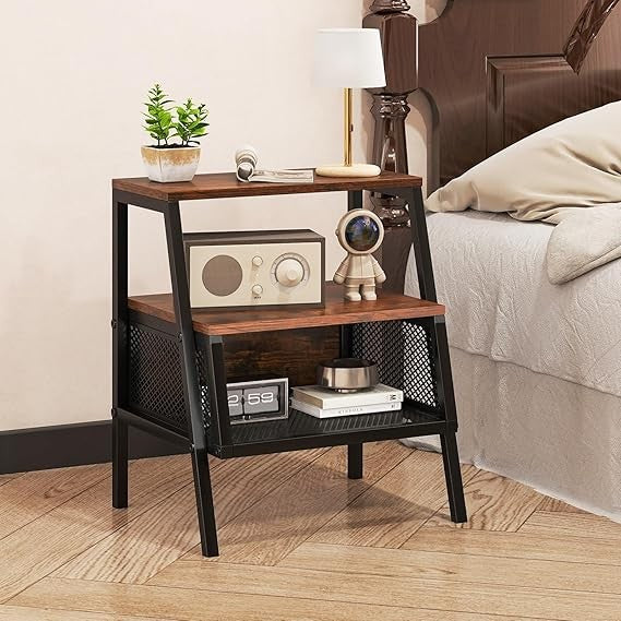 Industrial Bedside Table with Storage Shelves Mesh Cabinet Rustic Wood - Kwikley
