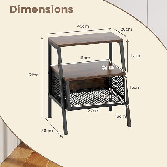 Industrial Bedside Table with Storage Shelves Mesh Cabinet Rustic Wood - Kwikley