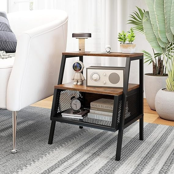 Industrial Bedside Table with Storage Shelves Mesh Cabinet Rustic Wood - Kwikley