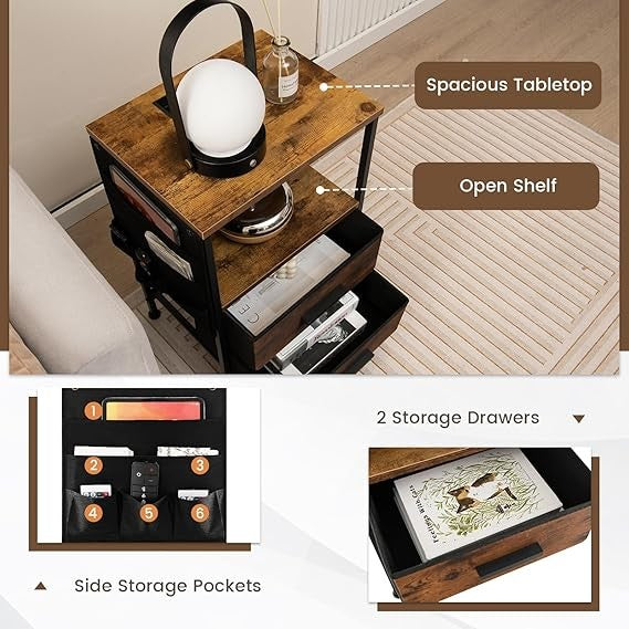 Industrial Bedside Tables Set of 2 – Charging Station, Drawers, Shelf & Side - Kwikley