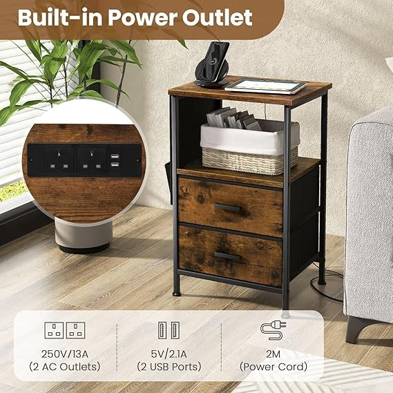 Industrial Bedside Tables Set of 2 – Charging Station, Drawers, Shelf & Side - Kwikley