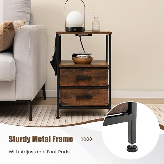 Industrial Bedside Tables Set of 2 – Charging Station, Drawers, Shelf & Side - Kwikley