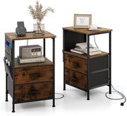 Industrial Bedside Tables Set of 2 – Charging Station, Drawers, Shelf & Side - Kwikley