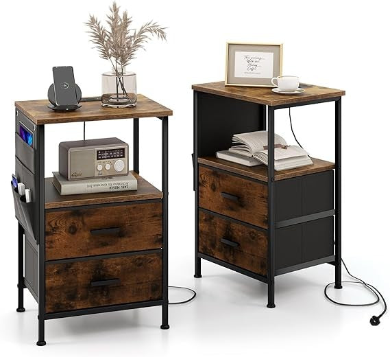 Industrial Bedside Tables Set of 2 – Charging Station, Drawers, Shelf & Side - Kwikley