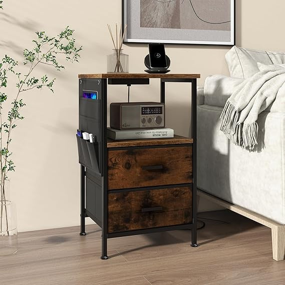 Industrial Bedside Tables Set of 2 – Charging Station, Drawers, Shelf & Side - Kwikley