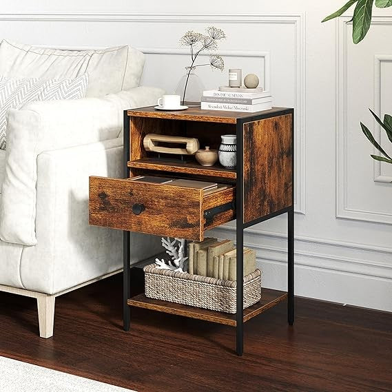 Industrial Bedside Tables Set of 2 Modern Wood & Metal Nightstands Storage - Kwikley