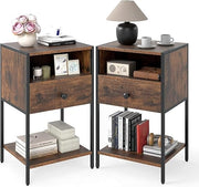 Industrial Bedside Tables Set of 2 Modern Wood & Metal Nightstands Storage - Kwikley